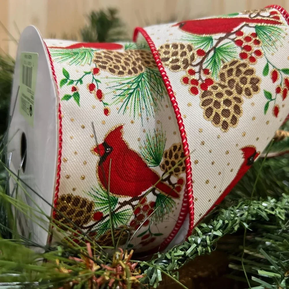 Cardinal with Pine Bough Ribbon 2.5 in X 10 Yards Christmas Craft Supplies